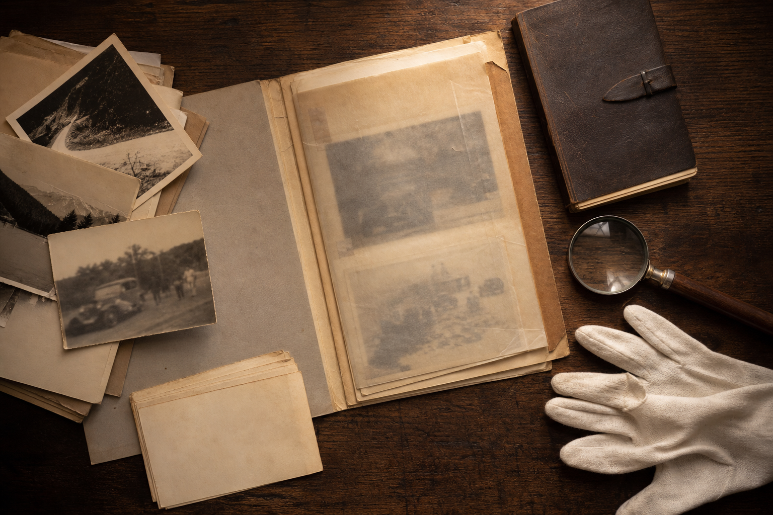 Dossier d’archives automobiles historiques avec photographies anciennes, carnet et loupe sur une table en bois