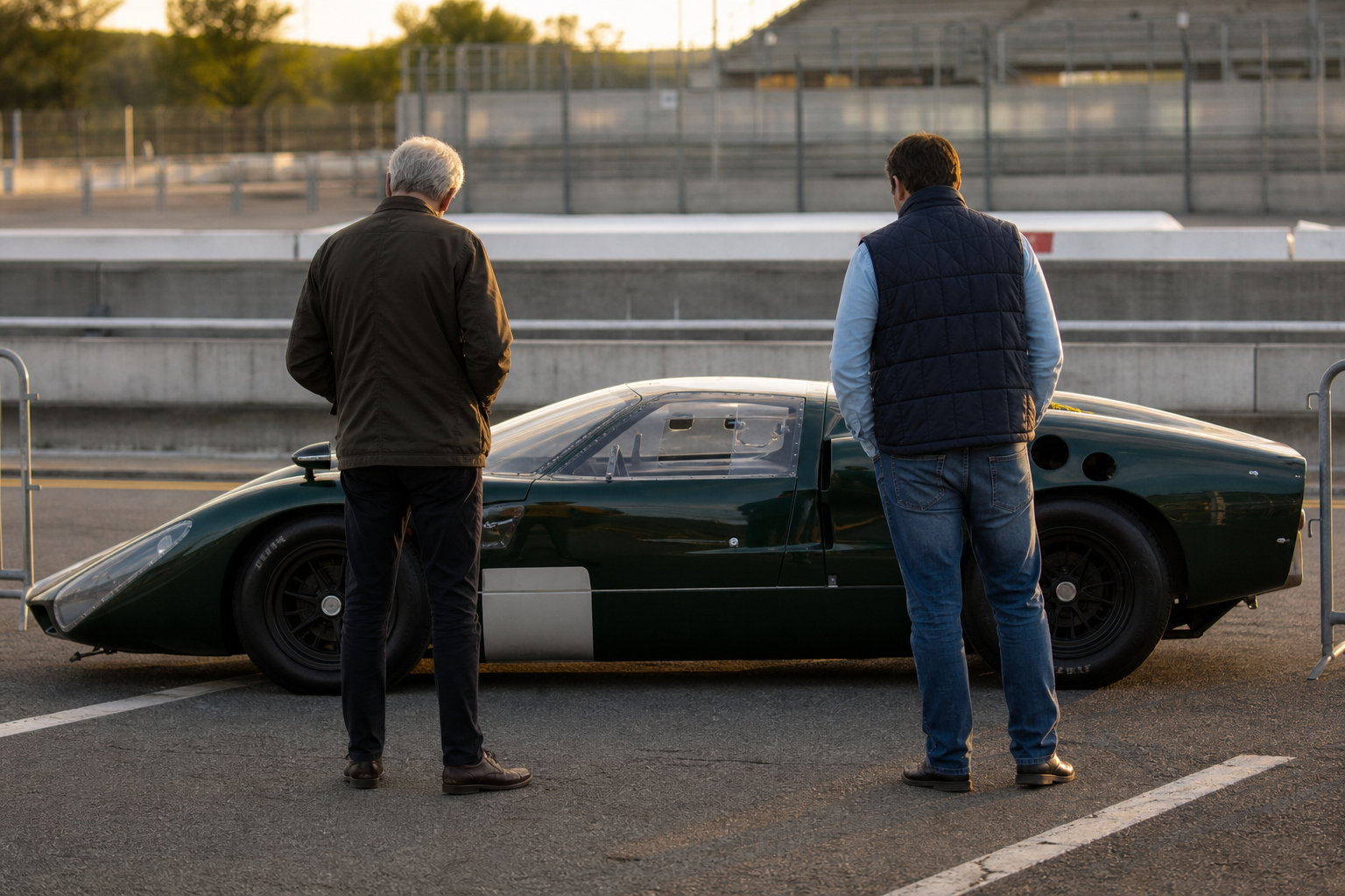 Deux collectionneurs examinant une GT historique dans le parc fermé du Mans