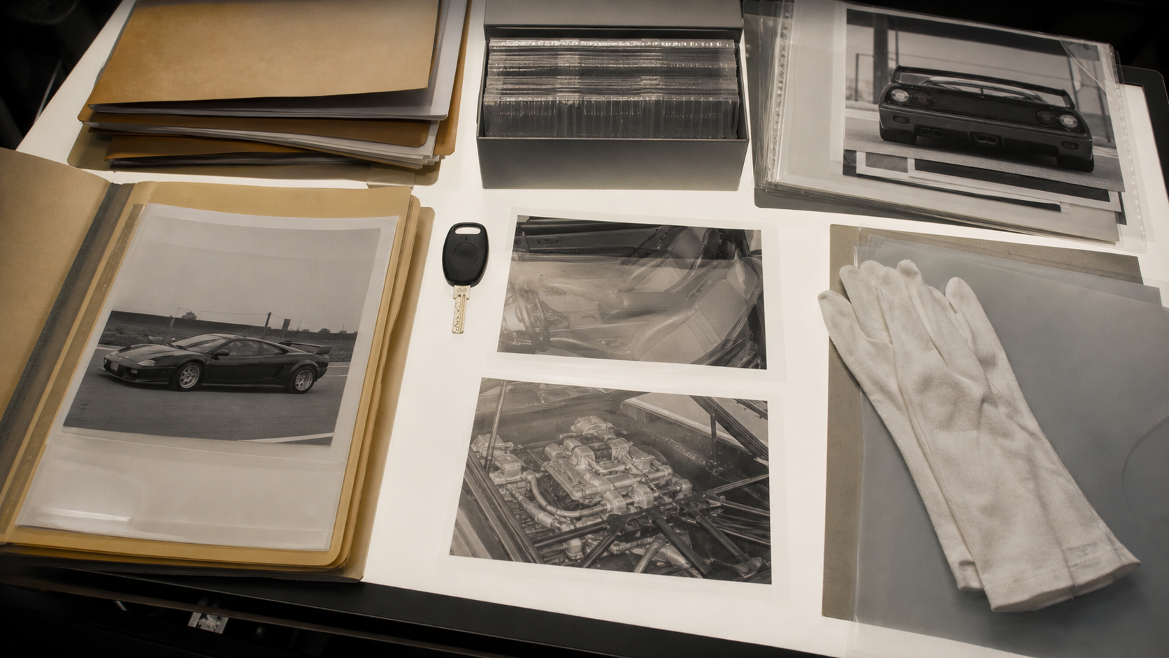 Dossier d’archives, clé et photographies techniques d’une supercar de collection sur une table lumineuse