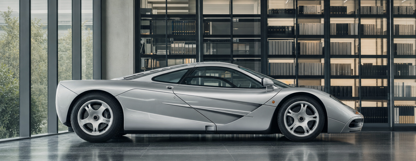 McLaren F1 argentée présentée dans une salle d’archives automobile contemporaine