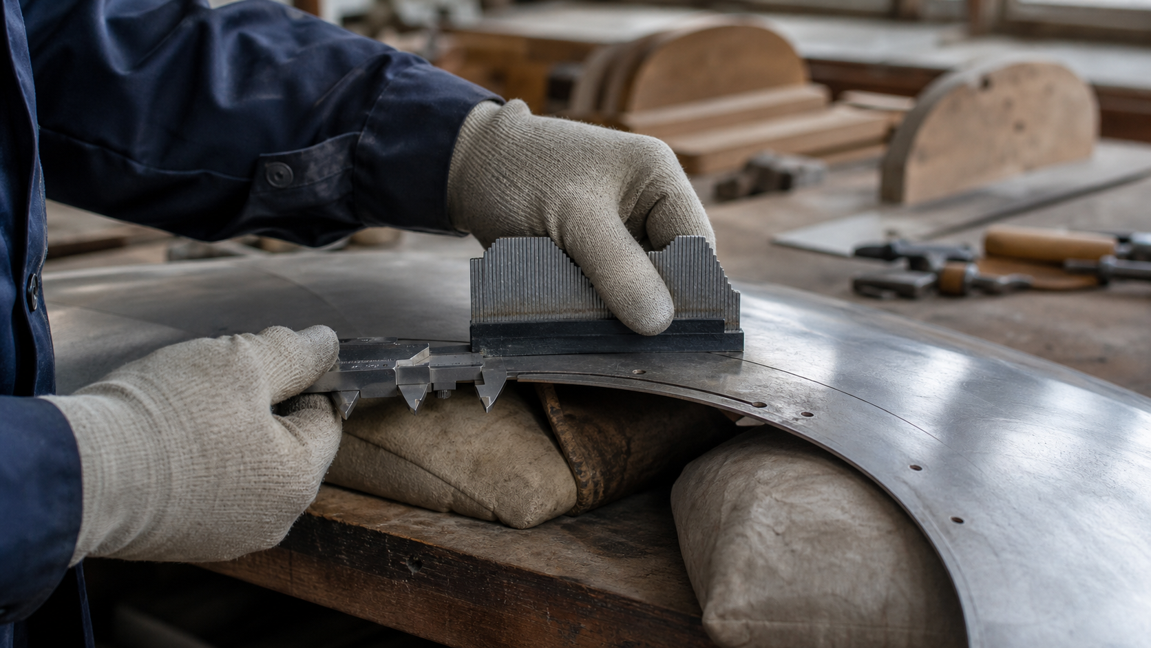Artisan contrôlant au gabarit un panneau de carrosserie en aluminium pour une voiture classique