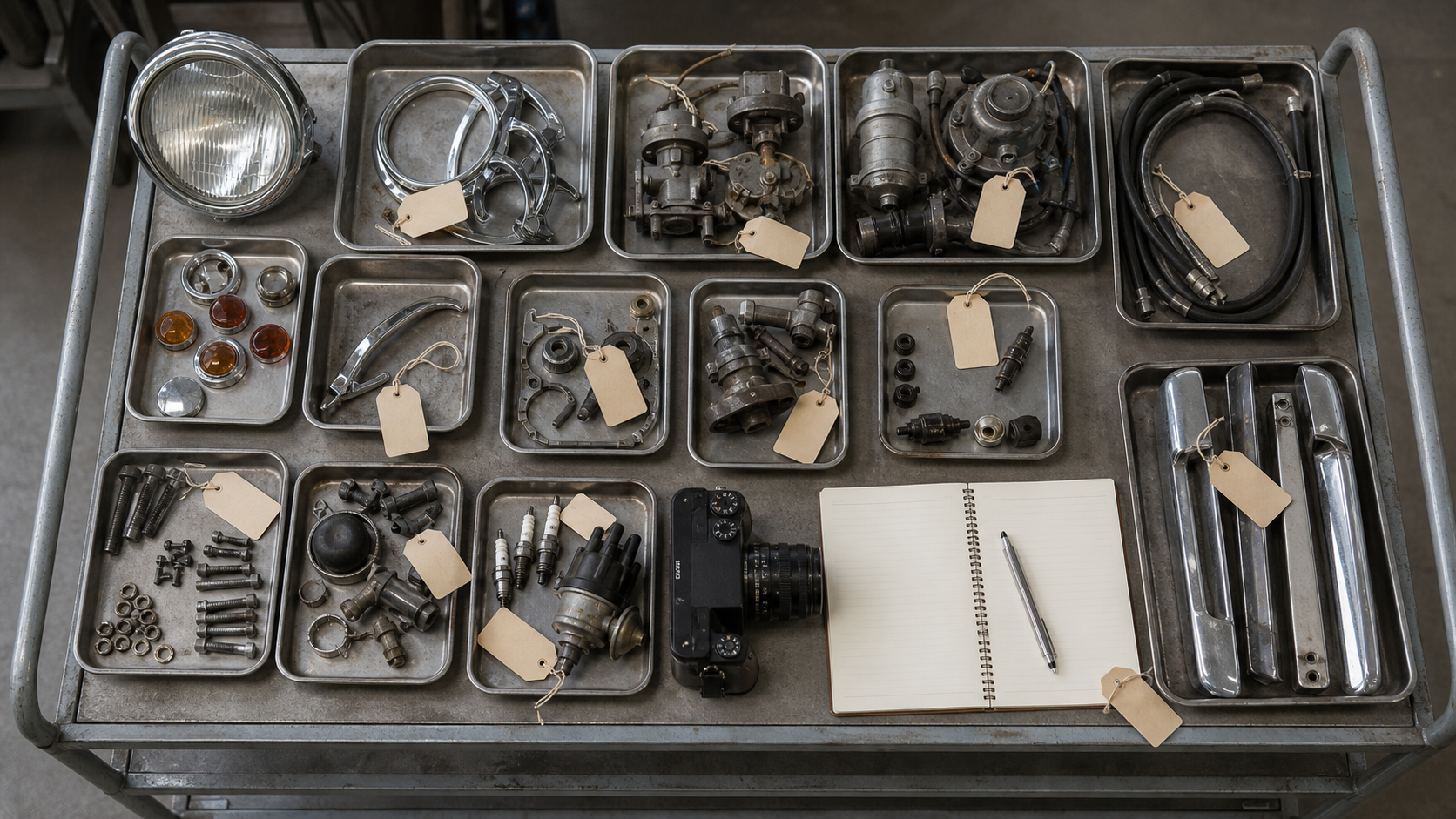 Pièces mécaniques étiquetées et photographiées pendant la restauration d’une Mercedes 300 SL