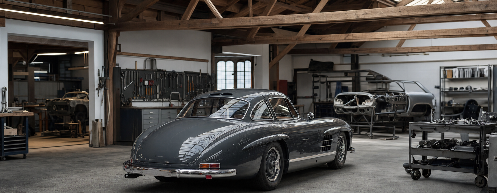 Mercedes 300 SL Gullwing gris graphite dans un atelier de restauration spécialisé