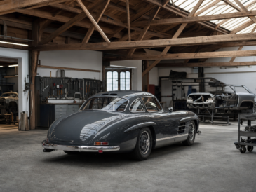 Mercedes 300 SL Gullwing gris graphite dans un atelier de restauration spécialisé