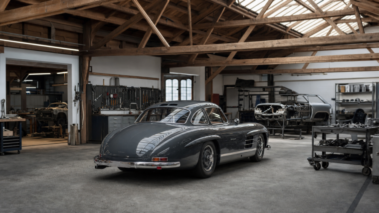 Mercedes 300 SL Gullwing gris graphite dans un atelier de restauration spécialisé