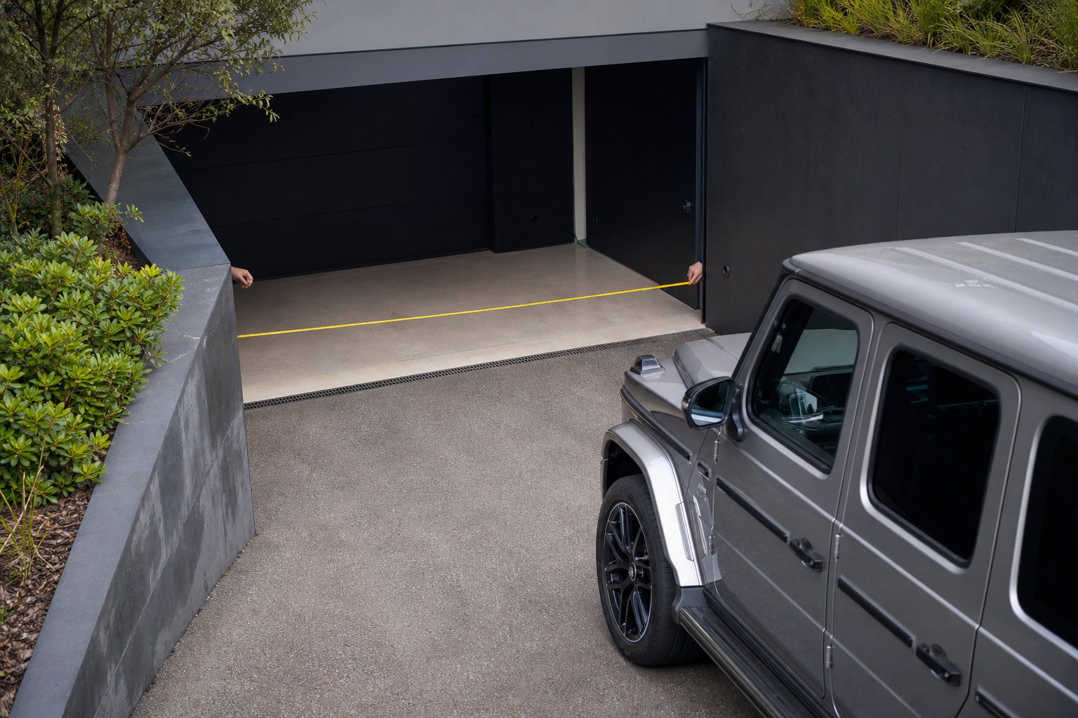 Mesure de l'accès d'un garage contemporain avant l'arrivée d'un Mercedes G 580 électrique