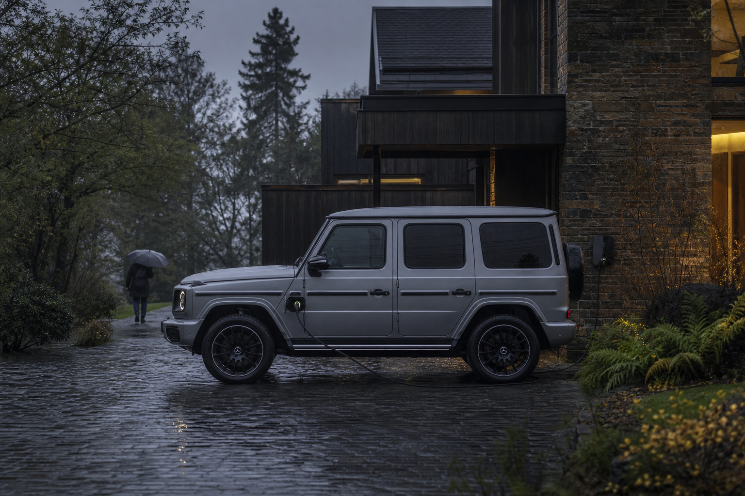 Mercedes G 580 électrique en recharge devant un chalet contemporain sous une pluie froide