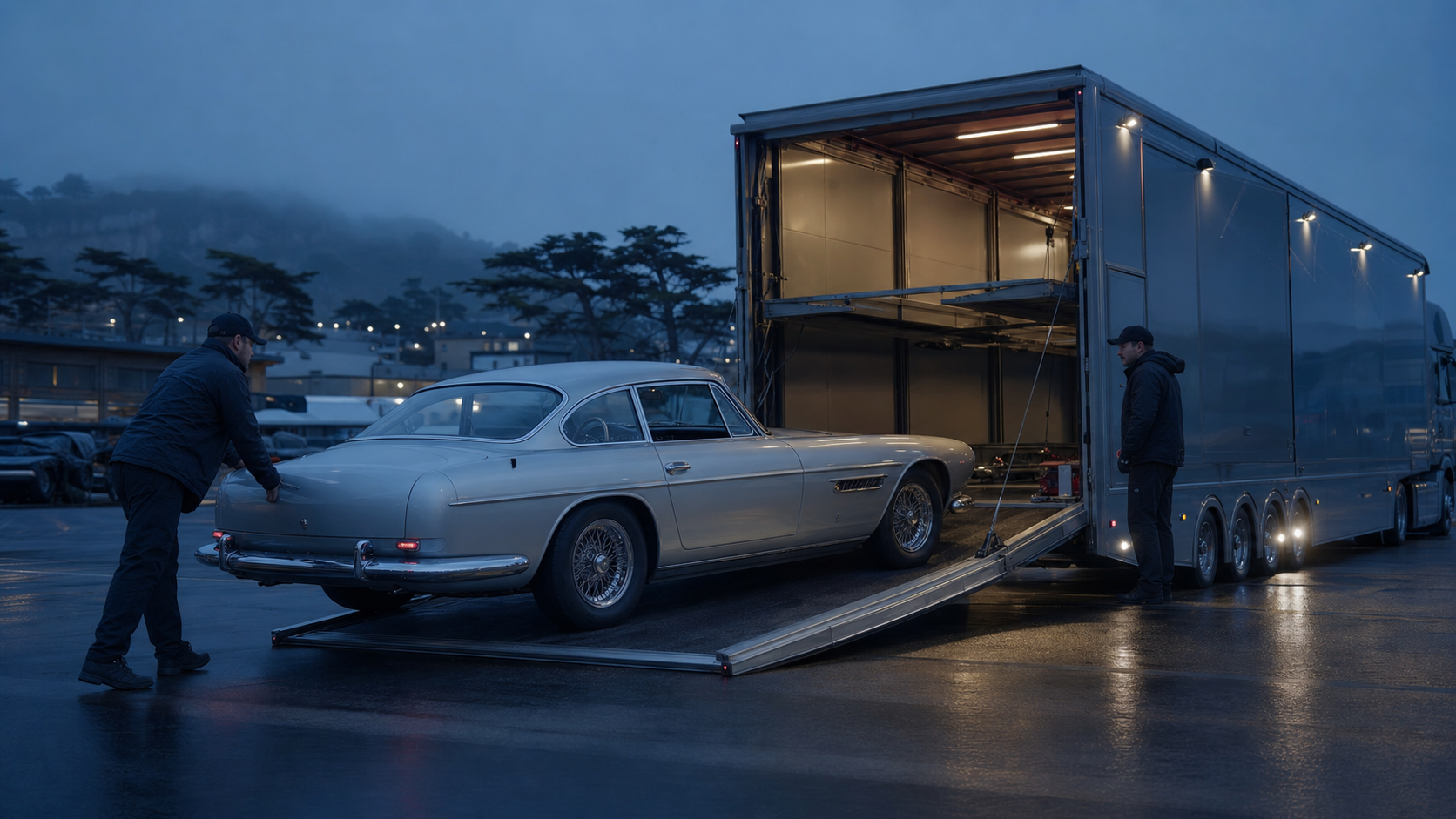 Coupé de collection chargé dans un transporteur fermé après une vente à Monterey