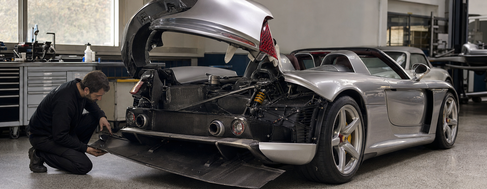 Supercar argentée inspectée en atelier avec panneaux carbone ouverts