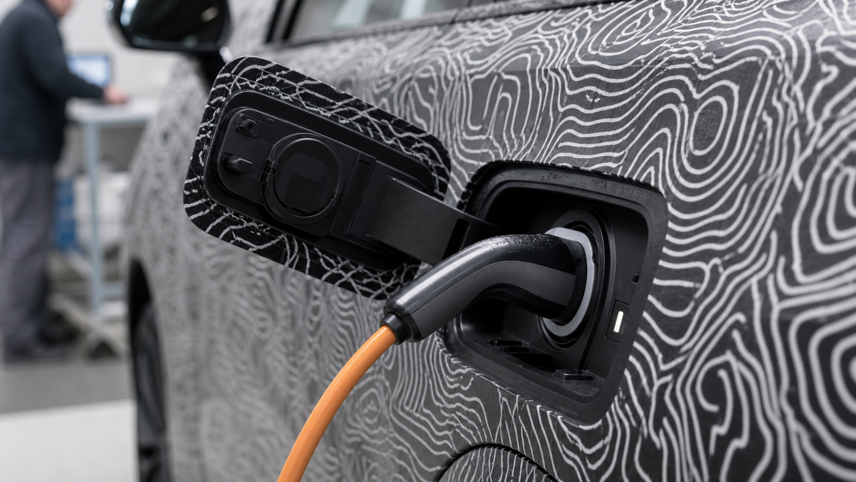 Acheteur consultant un historique numérique avec un technicien près d'un SUV électrique premium