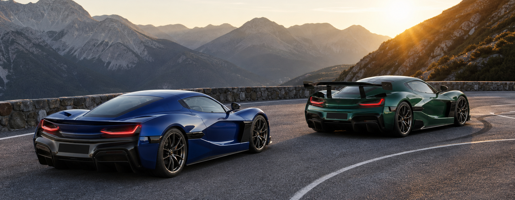 Rimac Nevera bleue et Nevera R verte sur une route alpine au lever du jour
