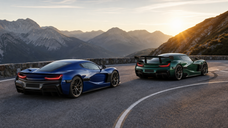 Rimac Nevera bleue et Nevera R verte sur une route alpine au lever du jour