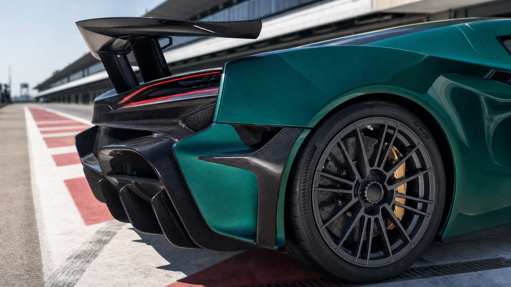 Détail de l’aileron fixe, du diffuseur et d’une roue arrière sur une hypercar électrique verte