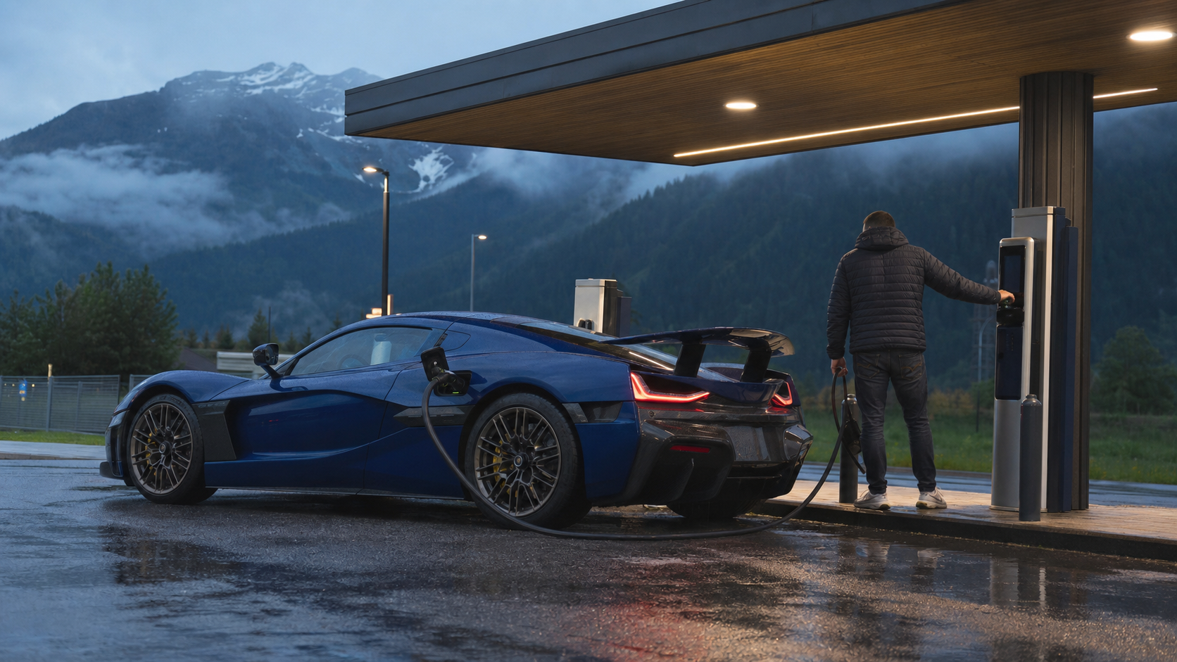 Hypercar électrique bleue rechargeant sous un auvent contemporain pendant un voyage européen