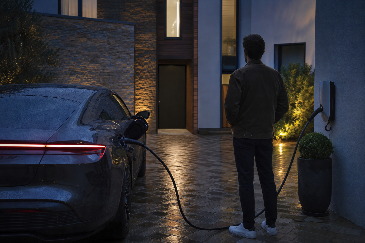 Grand coupé électrique de luxe en recharge dans la cour d’une maison contemporaine après la pluie
