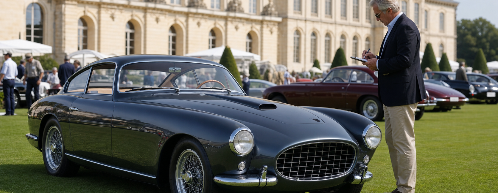 Acheteur prenant des notes devant une voiture de collection lors d’un concours d’élégance