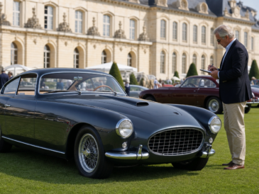 Acheteur prenant des notes devant une voiture de collection lors d’un concours d’élégance