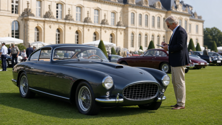 Acheteur prenant des notes devant une voiture de collection lors d’un concours d’élégance
