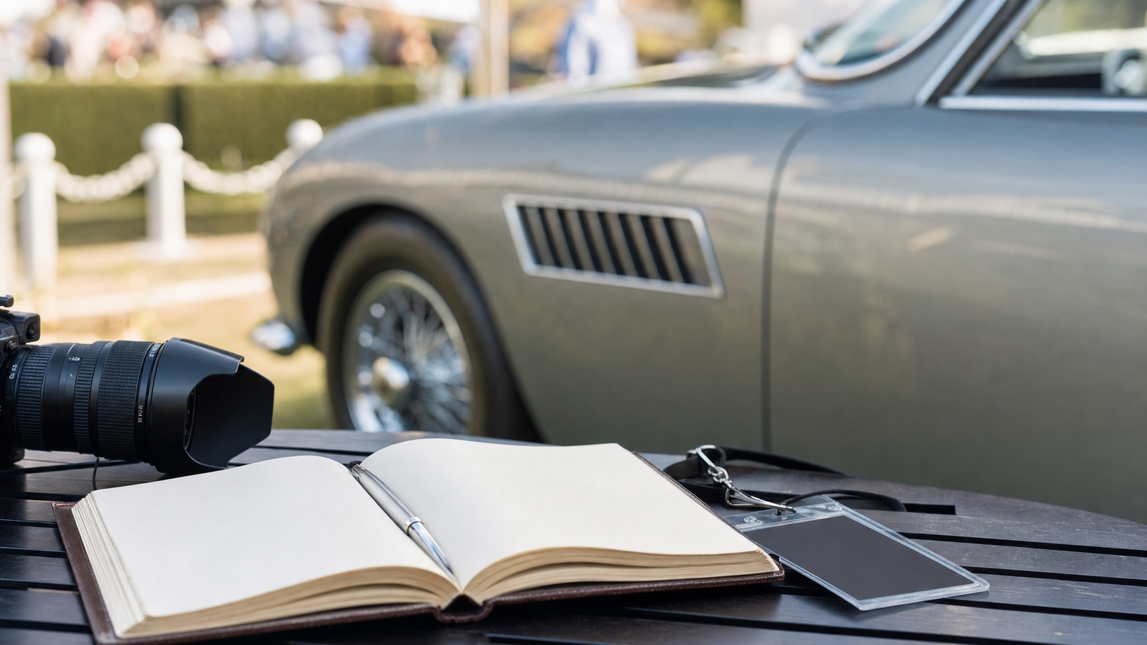 Carnet de visite et badge d’événement posés près d’une voiture ancienne