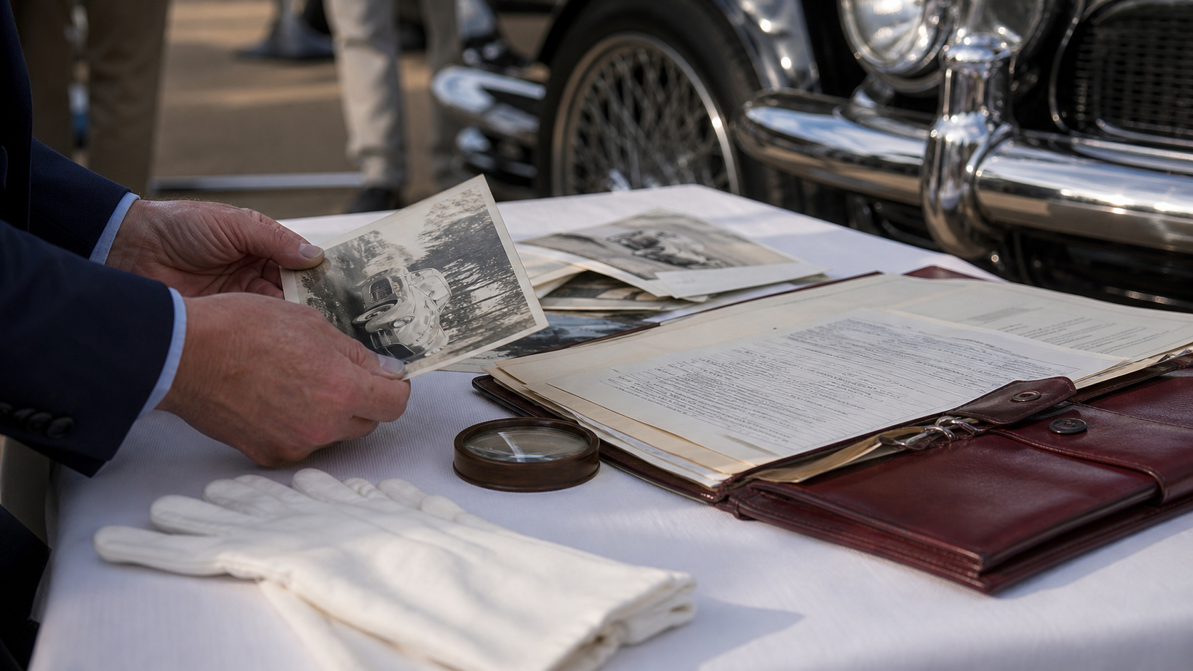 Documents de provenance et détail chromé d'une voiture de collection avant expertise