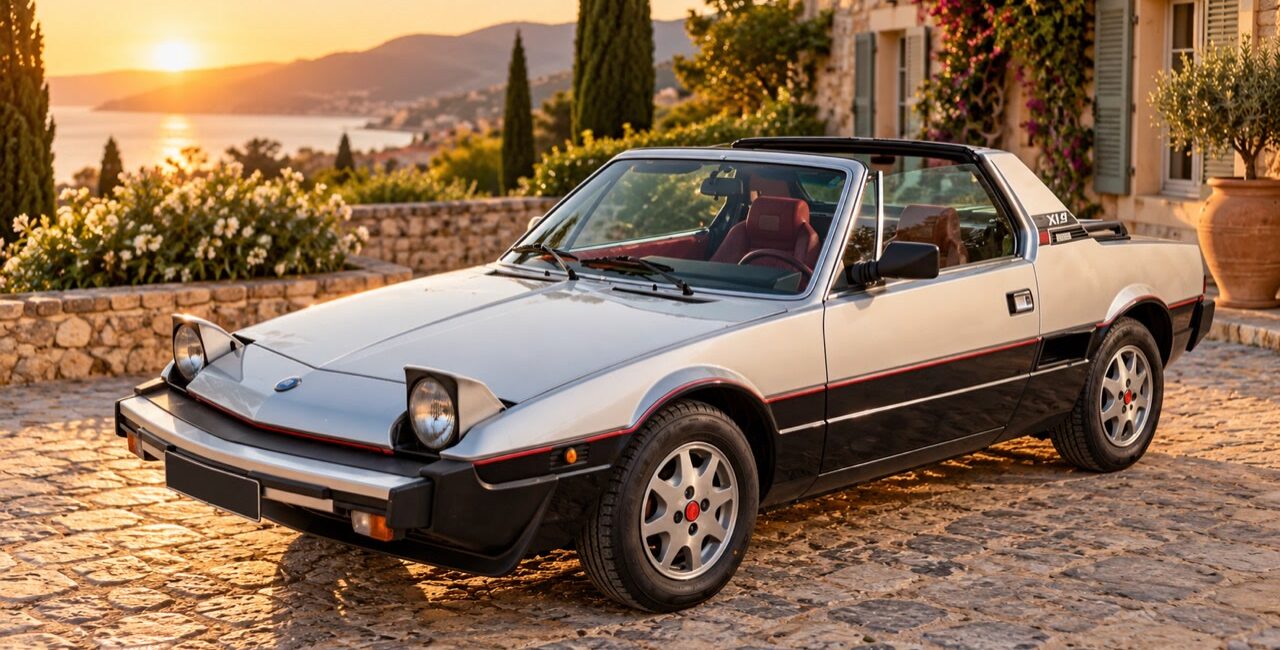Bertone X1/9 bicolore blanche et noire avec toit targa et phares relevés