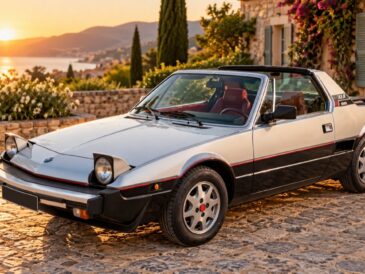 Bertone X1/9 bicolore blanche et noire avec toit targa et phares relevés