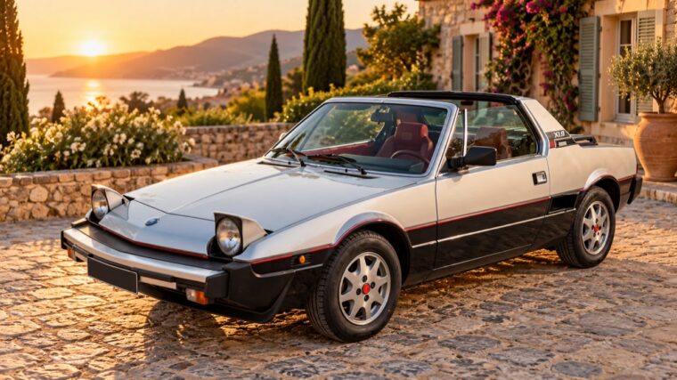 Bertone X1/9 bicolore blanche et noire avec toit targa et phares relevés