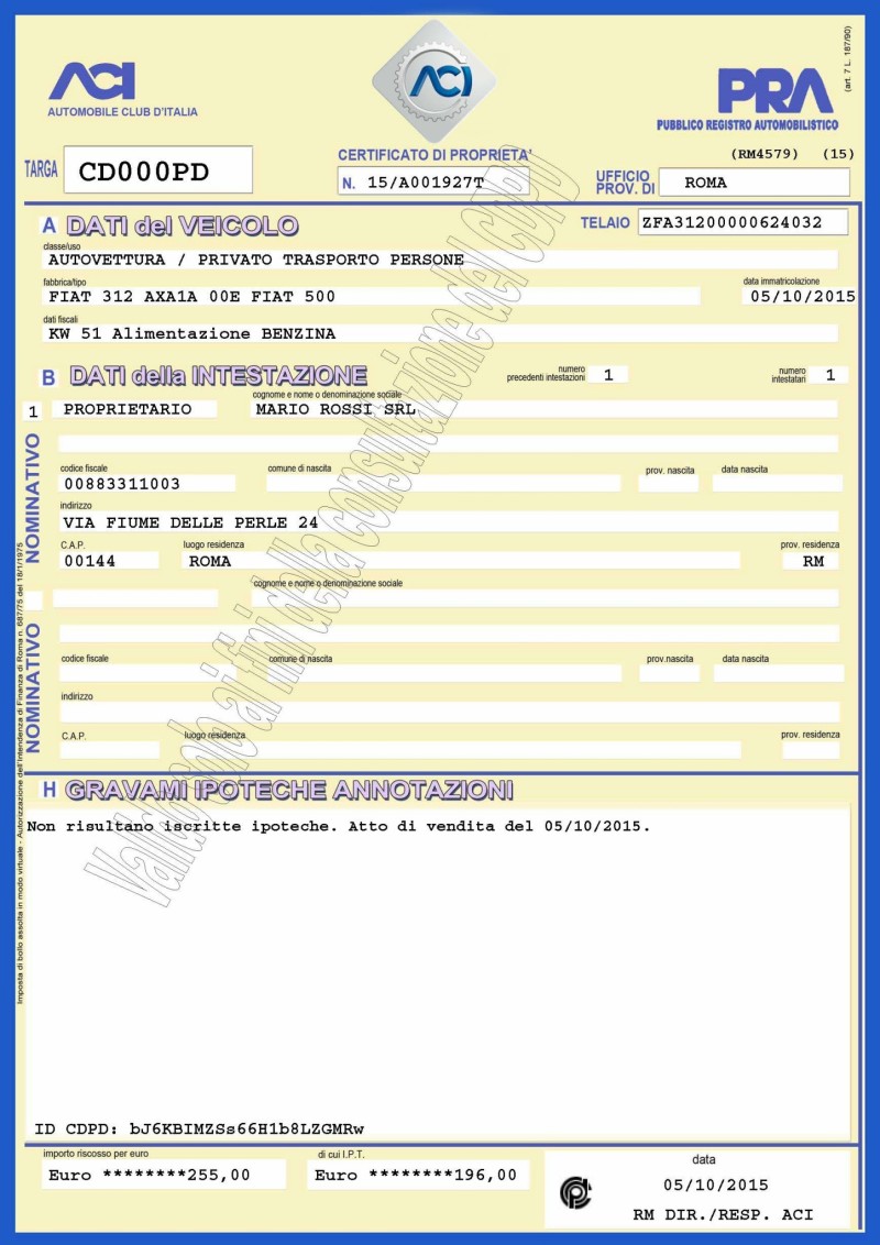 Fac-similé d’un certificat de propriété automobile italien